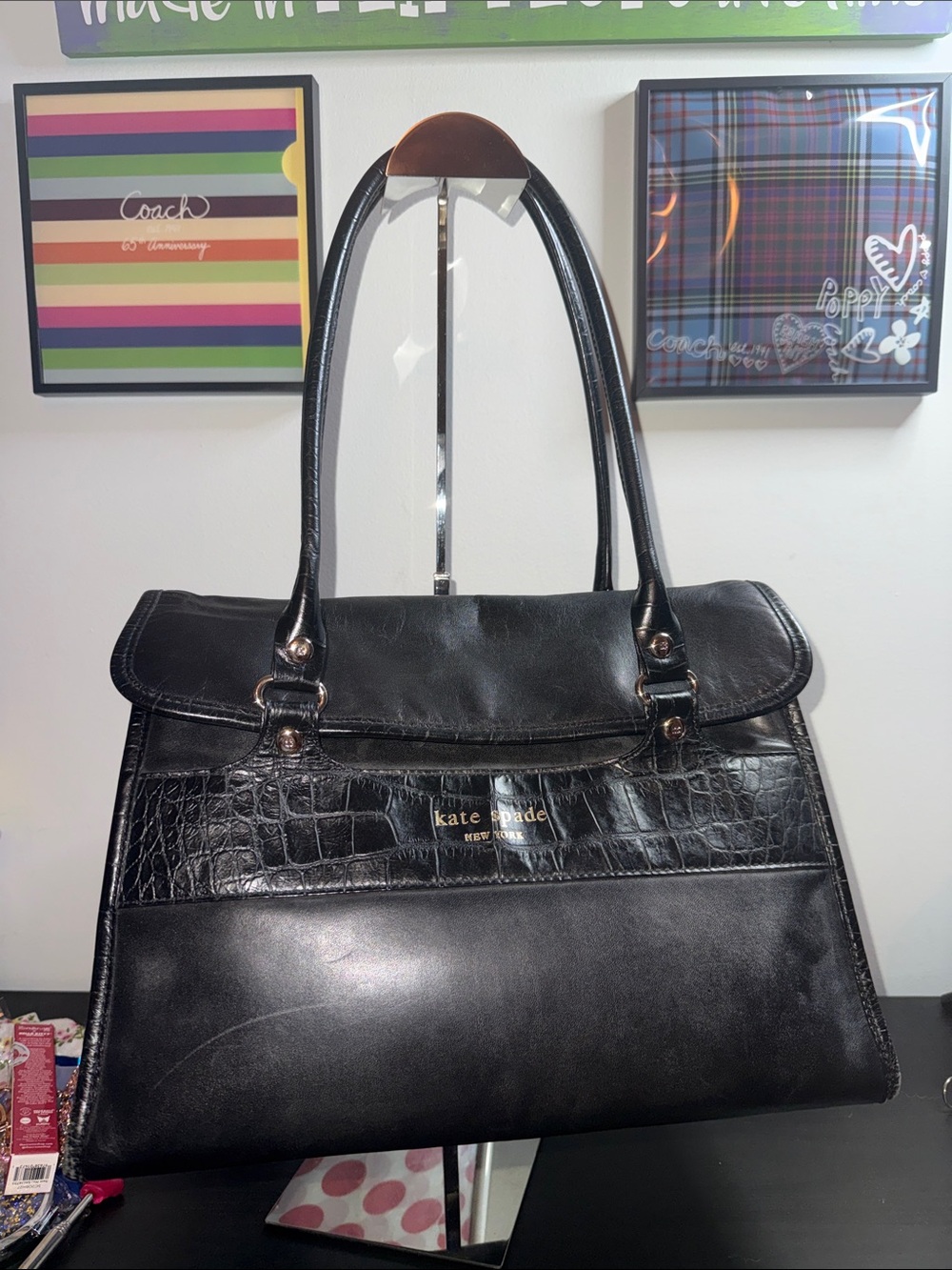 kate spade Vintage Black Croc-Textured Leather Tote with Top Flap